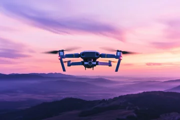 Gardinen sleek drone hovers gracefully over picturesque landscape at sunset casting dramatic silhouette against vibrant sky © Andrei