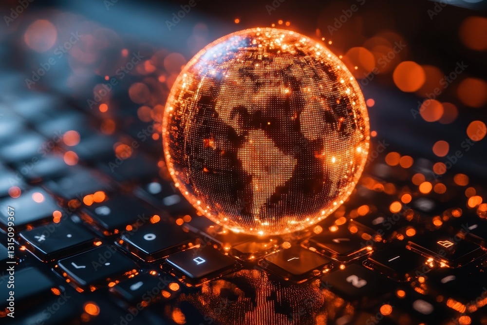 Poster digital globe of the world with glowing particles placed on a computer keyboard during nighttime