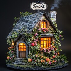 Fototapeta premium Charming miniature cottage with smoke, vines, flowers, and apples.