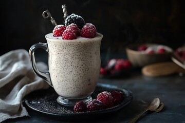 Delicious Creamy Chia Seed Pudding with Fresh Raspberries and Blackberries Sweet Dessert Recipe Healthy Food Photography Gourmet Breakfast Summer     