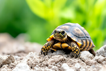 Obraz premium Small, patterned turtle on dirt, facing forward. Green bokeh background