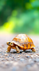 Obraz premium Small tortoise traverses a textured path, with greenery blurred in the background