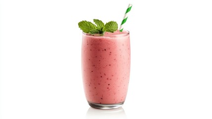 A fresh watermelon smoothie with mint leaves on a white isolated background