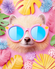 Smiling animal with sunglasses surrounded by vibrant foliage and pink polka dot shapes