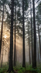 Obraz premium A misty forest at dawn, with tall pine trees and soft light filtering through the morning fog.