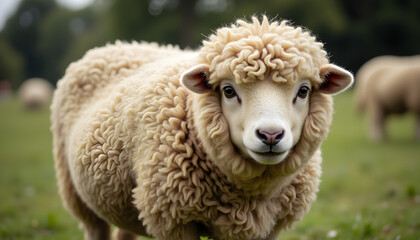 Obraz premium Curly sheep looking at the camera in a grassy field