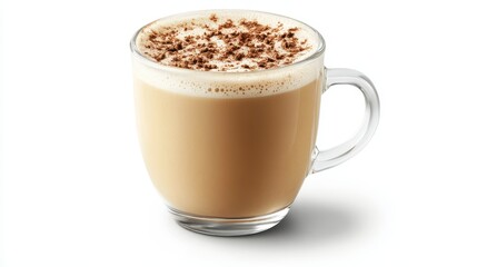 A fresh cup of hot chai latte with a sprinkle of cinnamon on a white isolated background
