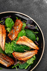 Mackerel tomato sauce canned fish seafood delicious gourmet food background on the table rustic food top view copy space keto and paleo diet vegetarian food pescetarian diet