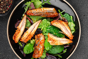 Mackerel tomato sauce canned fish seafood delicious gourmet food background on the table rustic food top view copy space keto and paleo diet vegetarian food pescetarian diet