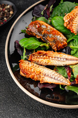 Mackerel tomato sauce canned fish seafood delicious gourmet food background on the table rustic food top view copy space keto and paleo diet vegetarian food pescetarian diet