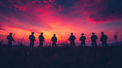 Fototapeta premium Silhouetted soldiers at sunset.