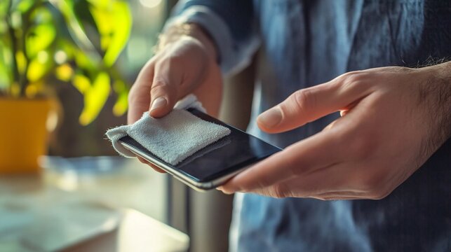 Man cleaning smartphone screen with cloth