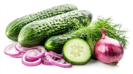 A fresh cucumber salad with red onions, dill, and vinaigrette on a white isolated background
