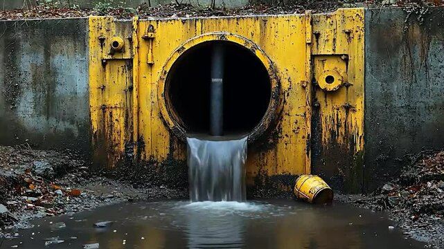 Rusty yellow drainage pipe overflowing into muddy water