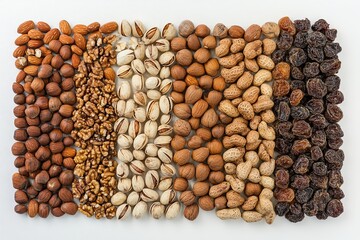 Delicious Mix of Almonds Hazelnuts Walnuts Pistachios Peanuts and Raisins Healthy Snack Food Photography Flatlay Image Natural Nuts and Dried Fruits  