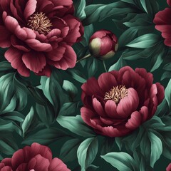 burgundy peonies floral wallpaper seamless pattern. Botanical design with detailed, realistic style, with green leaves.