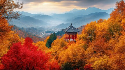 Naklejka premium Pagoda Surrounded by Autumn Forest with Distant Mountain
