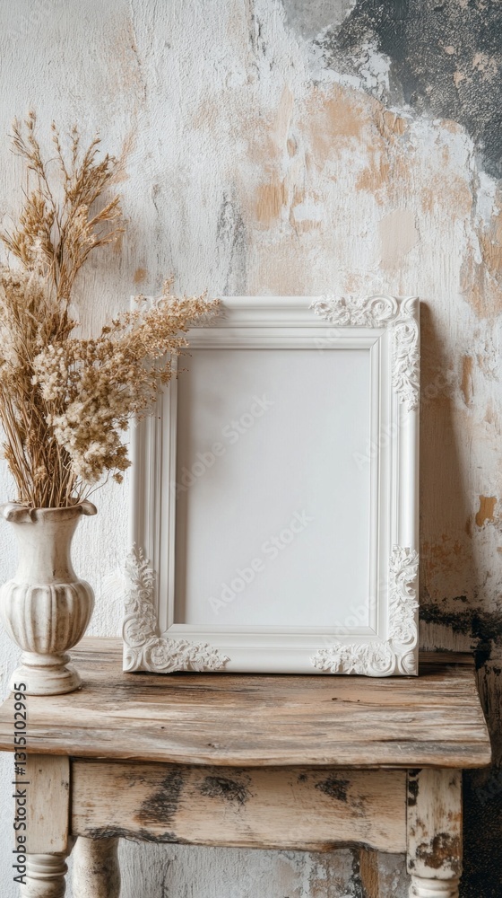 Poster a beautifully ornate vintage frame sits empty on a rustic wooden table alongside a vase filled with 