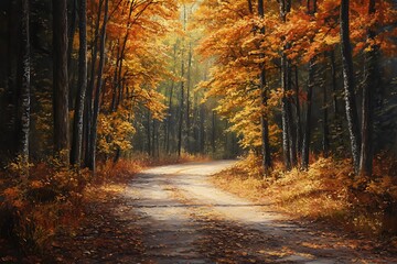 Obraz premium Serene autumn pathway through vibrant trees, inviting exploration and tranquility.