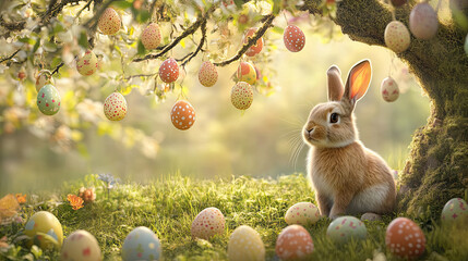 A charming scene depicting a cute rabbit encircled by Easter eggs in vibrant colors suspended from a tree, embodying the spirit of spring and festive celebration.