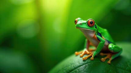 Naklejka premium A Vibrant Green Frog with Striking Red Eyes Perched on a Lush Leaf in a Verdant Natural Habitat