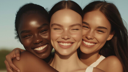 Three models of different ethnicities smiling and hugging, showcasing radiant skin. The background emphasizes a natural, healthy vibe, with no makeup shadows. 