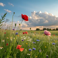 Obraz premium Wildflower meadow with poppies and blue sky
