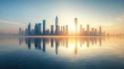 Sunrise cityscape reflected in calm water.