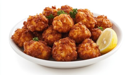 Fototapeta premium A plate of fresh crab cakes with a lemon wedge on a white isolated background