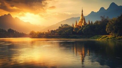 Fototapeta premium Pagoda Surrounded by Flowing River Reflecting Golden
