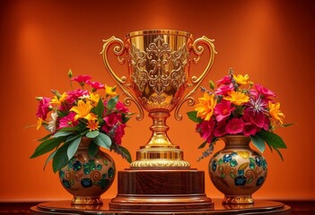 Fototapeta premium Ornate golden trophy displayed between two vibrant floral arrangements in decorative vases