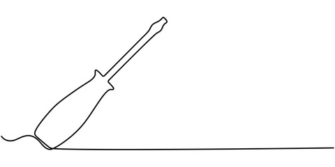Continuous one line drawing of screwdriver icon in silhouette on a white background. Linear stylized, Vector continuous one single line drawing icon of screwdriver in silhouette on a white background.