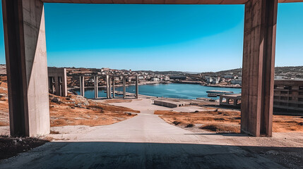 Fototapeta premium Coastal town viewed through concrete frame, abandoned structure, sunny day, potential travel/architecture stock photo