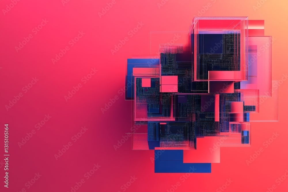 Poster a colorful image of a building made of blocks with a red background. the blocks are made of glass an