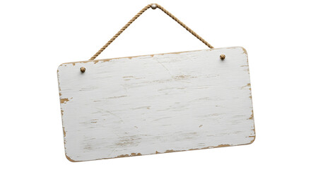 White wooden sign hanging from a rope isolated on white background
