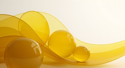 Elegant Abstract Composition, Luminous Yellow Orbs and Translucent Waves
