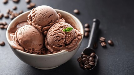 Delicious chocolate coffee ice cream ball served in a bowl with a scoop for a sweet treat