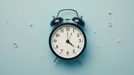 Snoring classic alarm clock on blue pastel trendy background. Flat lay, top view mock up