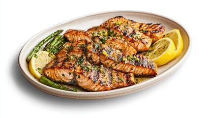 A plate of grilled salmon fillets with lemon slices and asparagus on a white isolated background