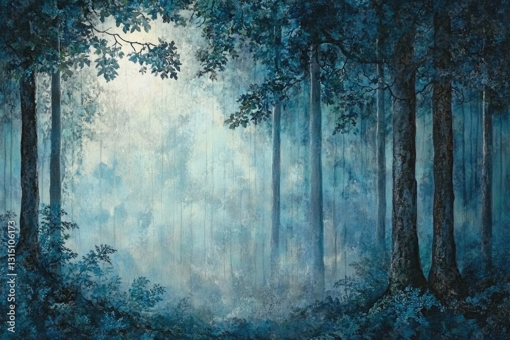 Poster a serene, misty blue forest scene with tall trees and soft light filtering through the canopy.