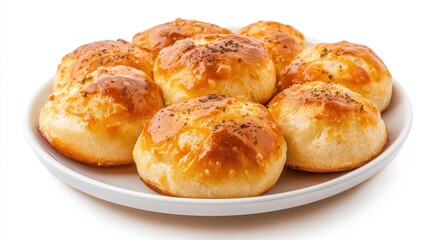 A plate of freshly baked garlic bread with a golden-brown crust on a white isolated background