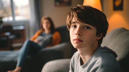 Teenage boy looking thoughtful in living room