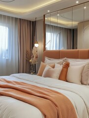 A modern bedroom decorated in shades of peach