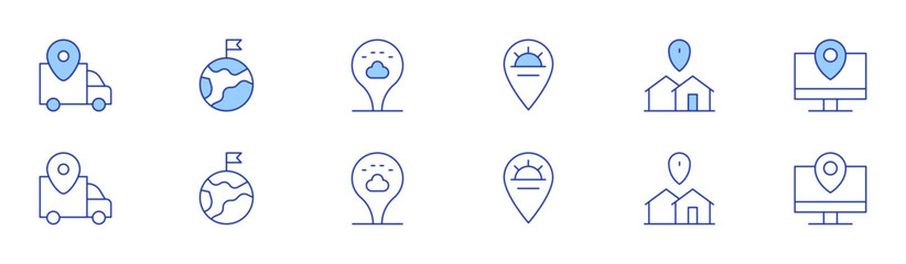 Location icon set in two styles, Duotone and Thin Line style. Editable stroke. delivery, visiting, sun, location, location pin