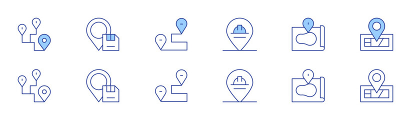 Fototapeta premium Location icon set in two styles, Duotone and Thin Line style. Editable stroke. itinerary, location