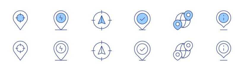 Location icon set in two styles, Duotone and Thin Line style. Editable stroke. location pin, compass, placeholder, world, target