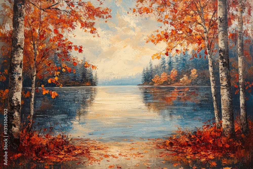 Poster serene autumn landscape painting featuring a tranquil lake reflecting colorful trees and a calm sky.