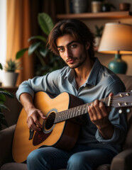 Obraz premium Young man with long hair playing guitar with focused expression in cozy living room