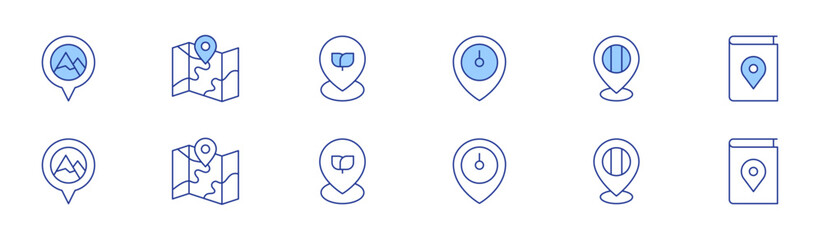 Location icon set in two styles, Duotone and Thin Line style. Editable stroke. location, location pin, mountain, map