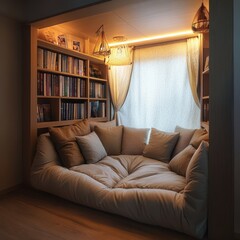 A cozy book nook with a comfy mattress and pillows